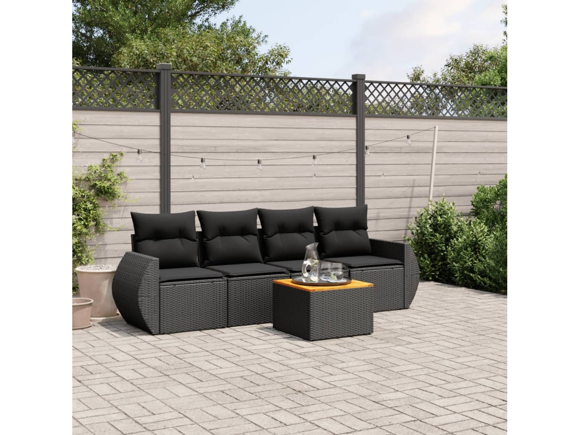 Conjunto de 5 sofás de jardín con cojines de mimbre sintético negro, Dkd Home Decor