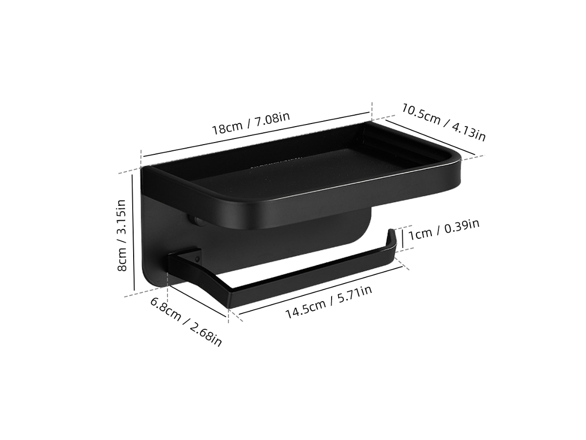 Soporte Para Papel Higiénico 2 En 1 Con Estante Para Teléfono Móvil, Aluminio Negro, Montaje En Pared.