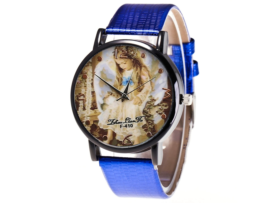 Reloj Unisex De Cuarzo Con Correa De Piel Sintética, Estampado De Ángel Para Niña, Azul, Zhoulianfa