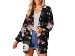 Kkpm-shelter Cardigan Mujer De Solo Button Navideño Printed Long Sleeve Casual Fashion Black Winter Muñeco XXL
