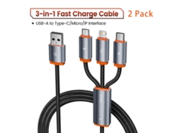 Cable USB 3 en 1, Micro USB/Tipo C/Lightning, Carga, Datos, Para iPhone 14/13/12/Poco/Huawei/Samsung/Xiaomi/Oppo, Color Naranja