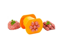 Prensa manual para salchichas, 7 en 1, fabricada en polipropileno apto para uso alimentario, para perritos calientes y albóndigas, color naranja.