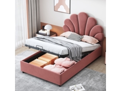 Cama Infantil De 90x200 Cm, Terciopelo Rosa Con Almacenamiento Floral.