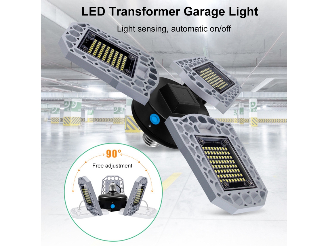 Luminaria LED industrial plegable de alta potencia con tres aspas, 2026, fotosensible, resistente al agua, para uso en garajes, E27