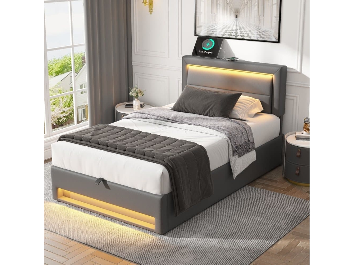Cama Tapizada 90x190 - Con Usb, Led Y Almacenamiento, Sin Colchón - Gris