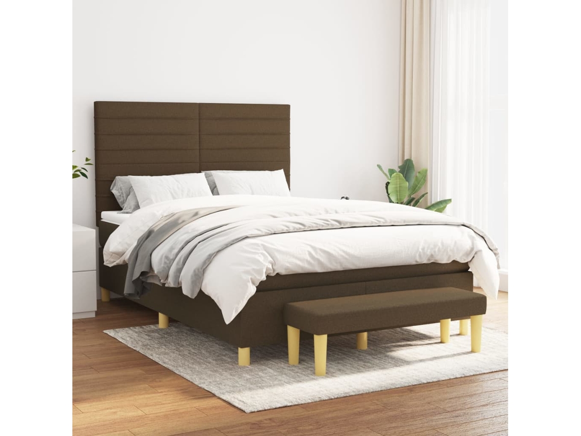 Cama Box Spring Con Colchón Tela Marrón Oscuro 140x190 Cm