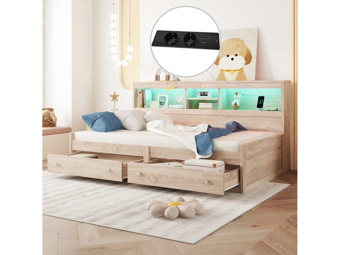 Daybett, 90 x 200 cm, sofá cama, mesita de noche, cama con 2 puertos USB y 2 enchufes, iluminación, ambiente, cama con dos cajones, cama con