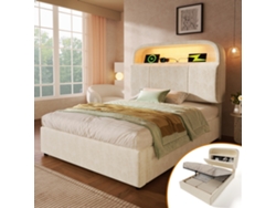 Cama Individual De Terciopelo Beige, 90x200 Cm, Iluminación Led, Regulable, Con Compartimento De Almacenamiento Hidráulico.