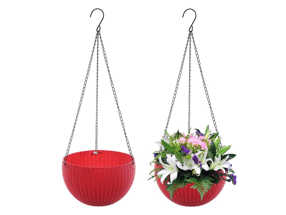 Juego de 2 cestas colgantes con soporte de punto y ganchos para plantas, gris, blanco, rojo y marrón.
