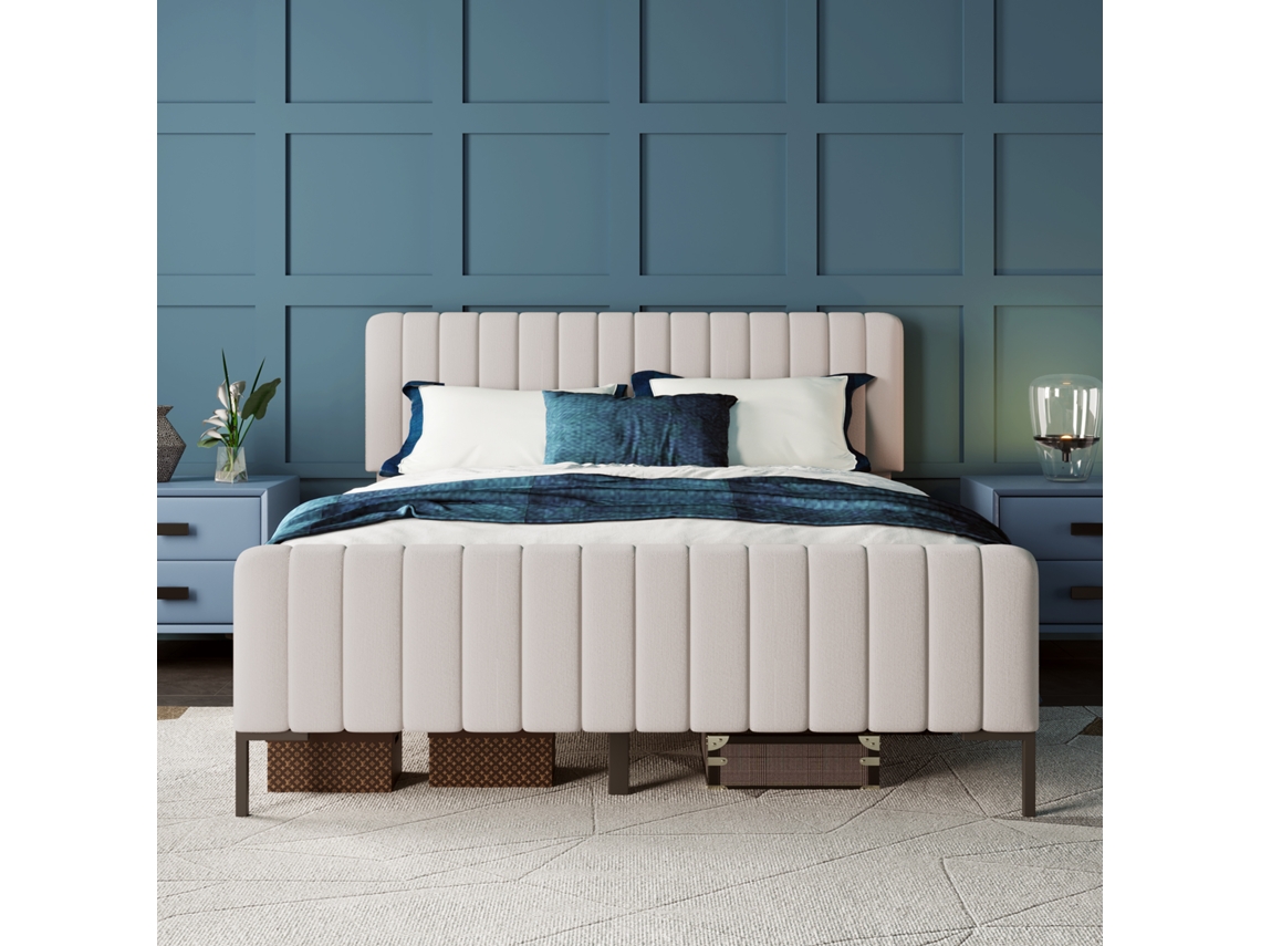 Cama De Adulto Tapizada En Tejido De Lino - 140x200 Cm - Con Cabecero Ajustable Y Somier De Láminas - Gris Claro
