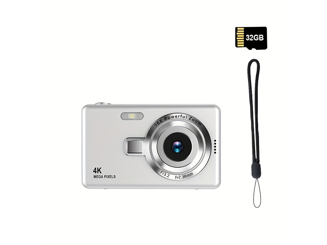 Cámara Digital Portátil 4k Hd Con Enfoque Automático Y Tarjeta De Memoria 32g Y Luz De Relleno Saisiyiky (plata)