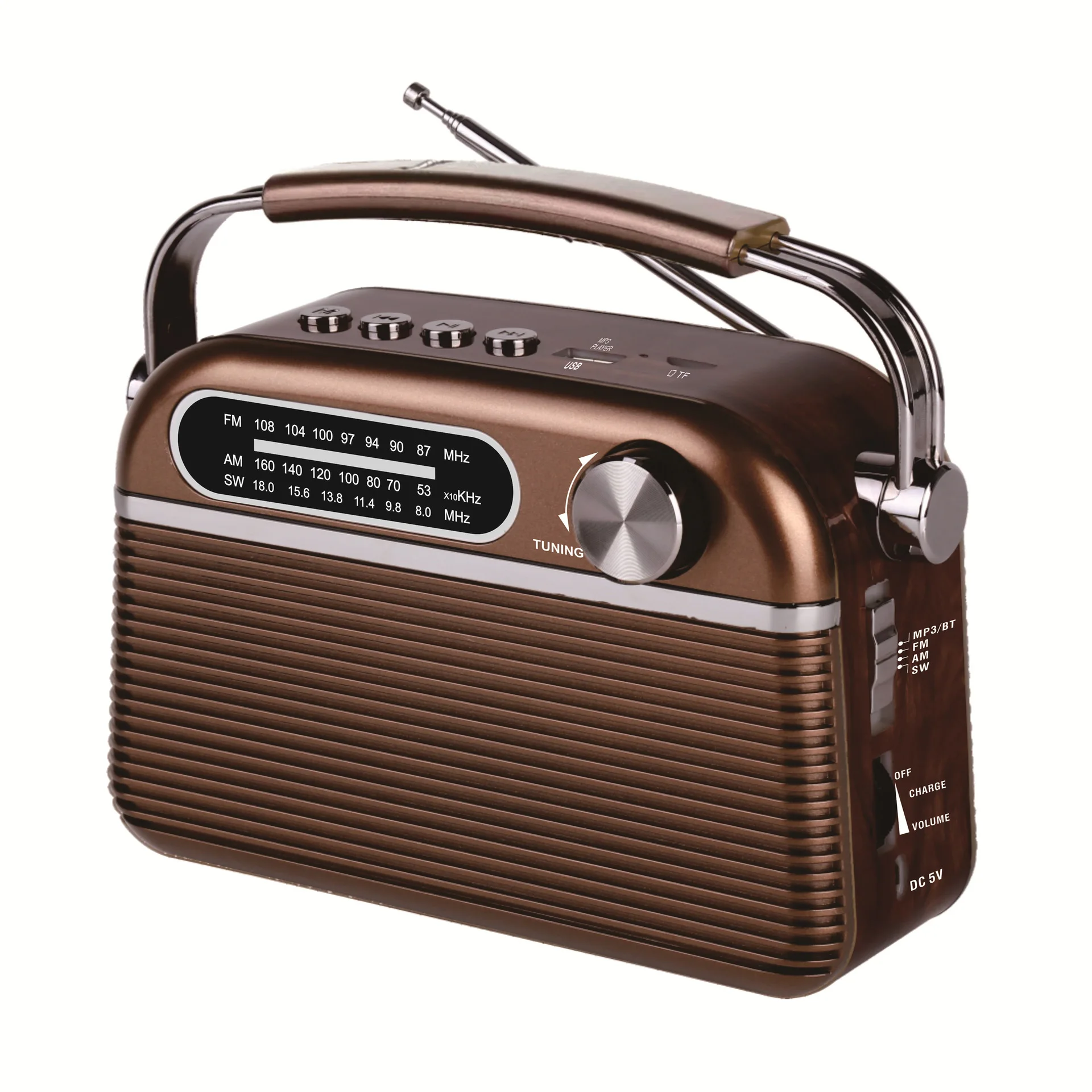(marrón Oscuro) Radio De Banda Completa, Recargable/ca 220 V, Con Altavoz Bluetooth Inalámbrico, Admite Tarjeta Tf Y Unidad Flash Usb.