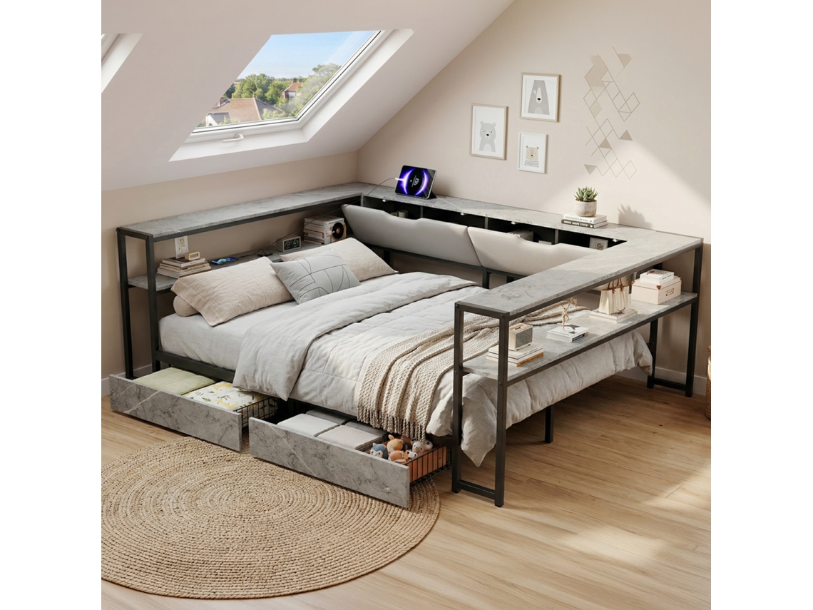 Sofá Cama Tapizado 140x200 - Estación De Carga Usb Y Type-c, 2 Cajones, Somier De Láminas Metálico, Cama Juvenil/daybed - Gris