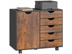 Armario de oficina con 5 cajones, 1 puerta, estante ajustable, soporte para impresora, ruedas, 78x40x66,5 cm, marrón.