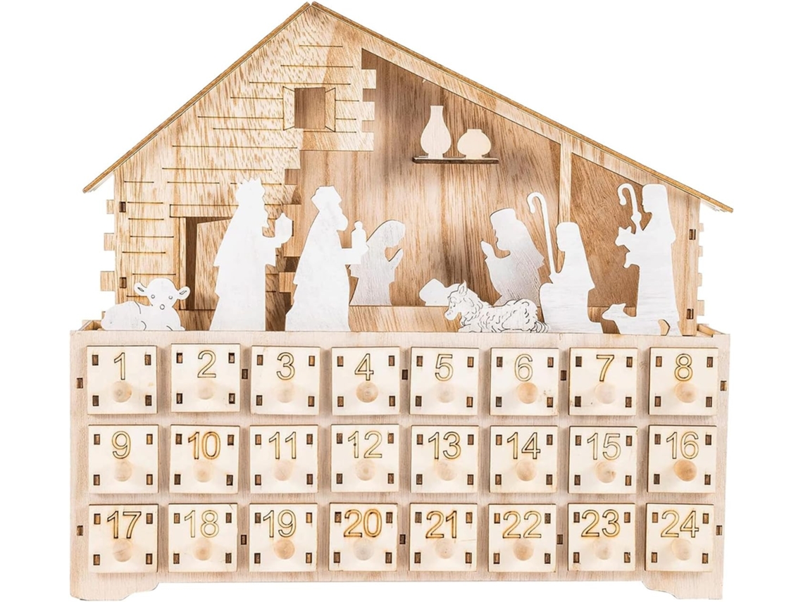 Decoración navideña de madera con 24 días, caja de madera con cajón iluminado por LED.