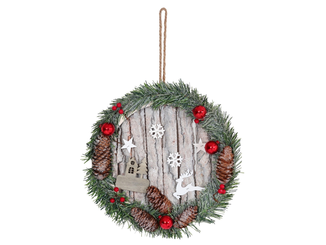 Corona decorativa para puerta, adorno navideño, piñas redondas de madera, diámetro 30 cm, 04_0006551