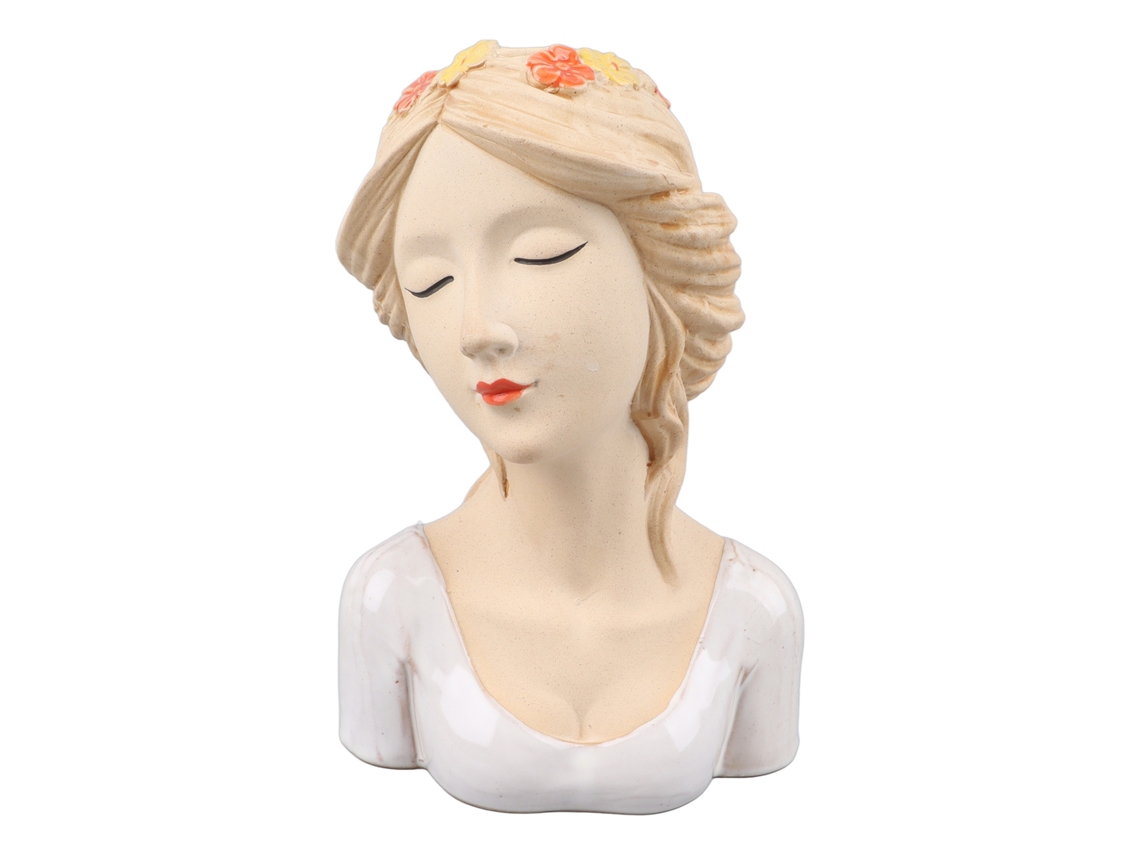 Jarrón de cerámica moderno 2026 con rostro de niña tímida, estilo decorativo para plantas, blanco.