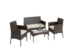 Conjunto De Jardín De Ratán Con Sofá, Sillones Y Mesa De Cristal Marrón.