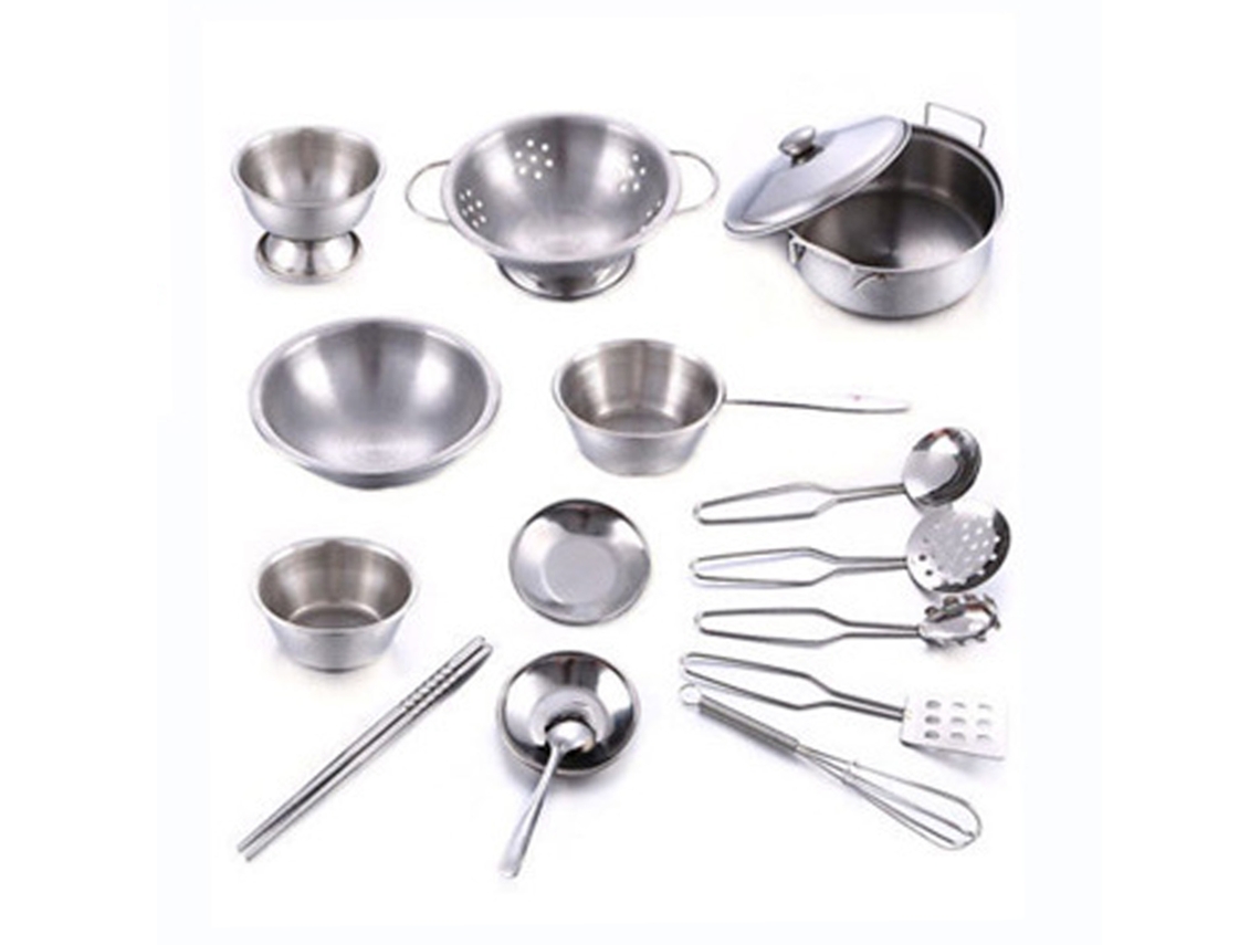 16pcs Conjunto De Panelas E Frigideiras De Aço Inox Brinquedo De Cozinha Para Crianças