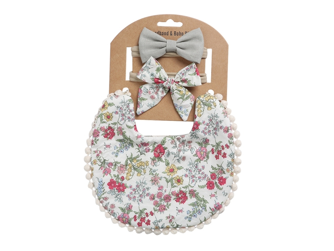 Babero reversible de lino y algodón estampado para bebé con diadema y toallita para la saliva DP021 5 XIAOMOYU