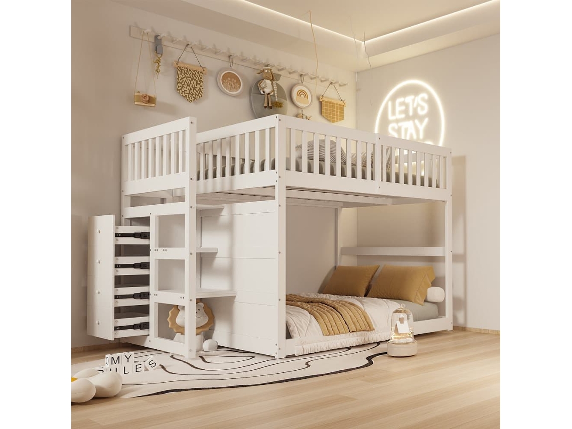 Cama Litera Baja 140x200 Cm - Cama De Seguridad Con Almacenamiento, Diseño De Barandilla Alta - Blanco