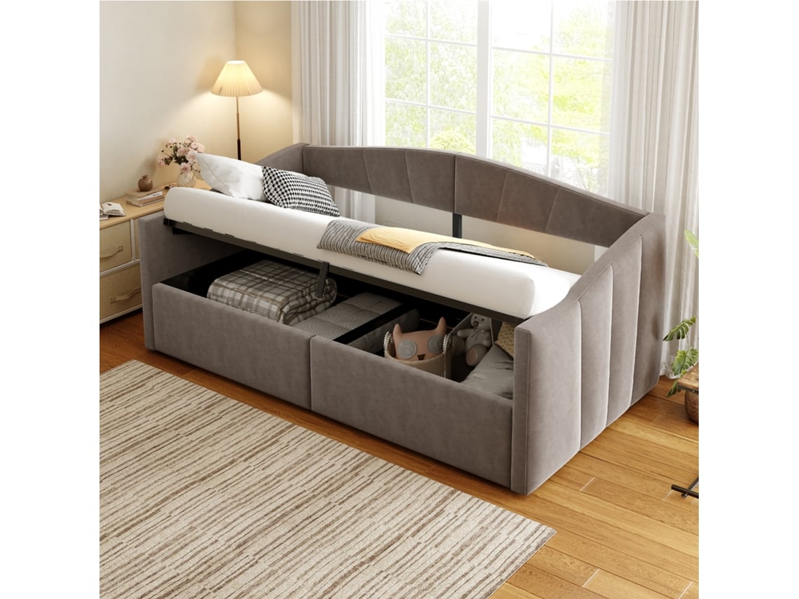 Sofá Cama Hidráulico De 90x200 Cm Con Reposabrazos De Listones Y Tapicería De Terciopelo Gris A Rayas.