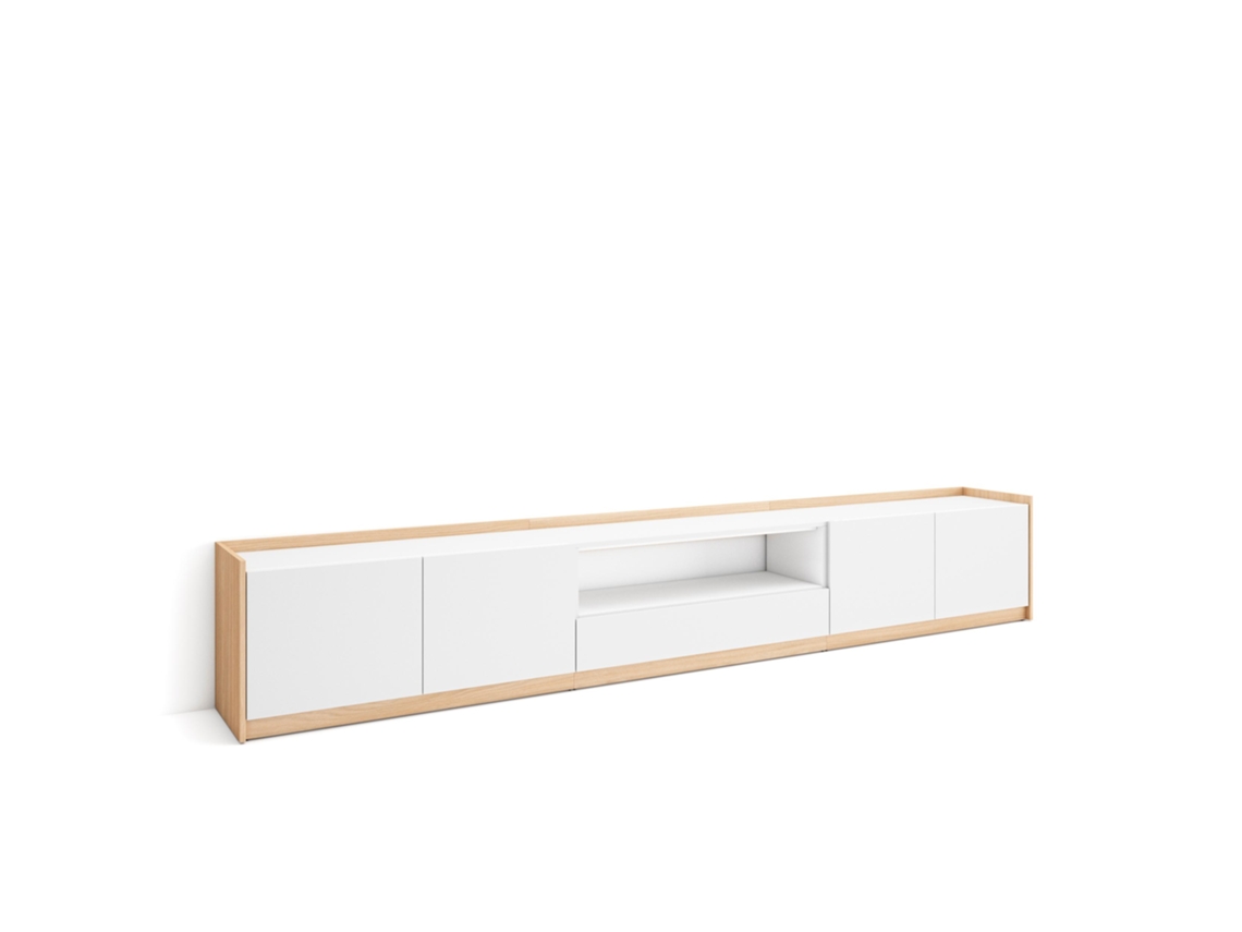 Mueble para TV, 310x37x50cm, para televisores de hasta 80'', color blanco y roble claro.