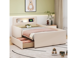 Cama Infantil De Pu Color Beige, 90x200 Cm, Barandilla Lateral Con Led.