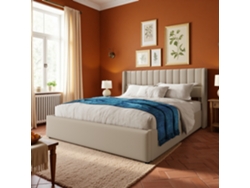 Cama Matrimonial Moderna 160x200 Con Almacenamiento Hidráulico, Cama De Matrimonio De Madera Y Lino Beige, Cabecera Acolchada Para Habitación Pequeña