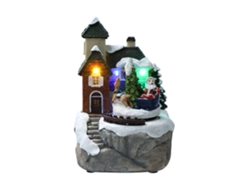 Decoración navideña: Cabaña con luces, música y nieve.
