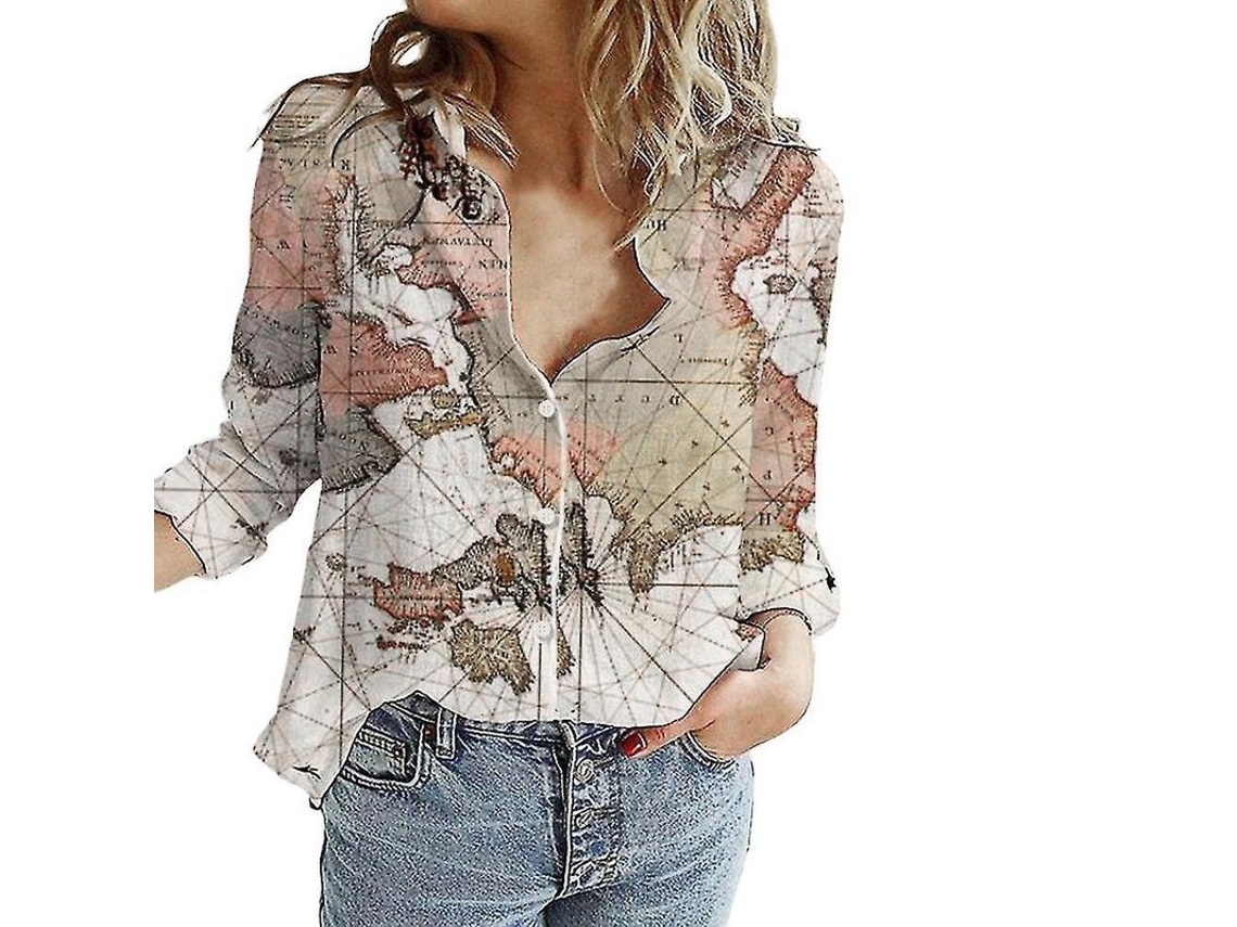 2026-camisa De Manga Larga Para Mujer Con Estampado De Mapa Mundial Cuello Solapa Casual Verano Poliéster