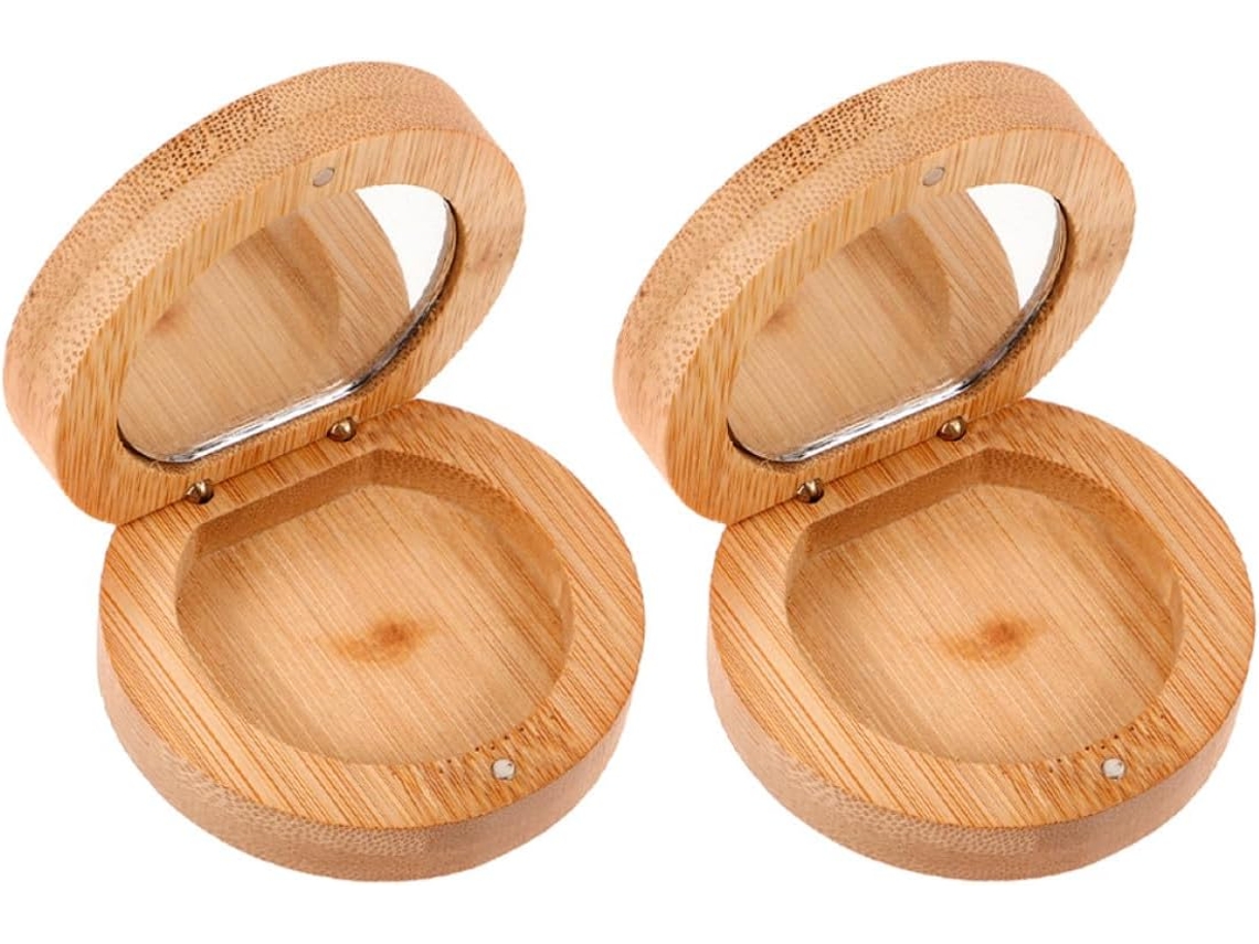 Conjunto De 2 Espelhos De Maquiagem Dobráveis Em Bambu