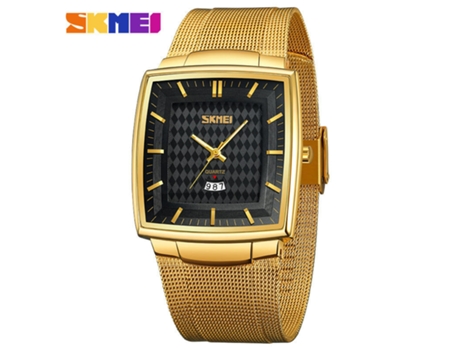 Reloj de cuarzo analógico de acero inoxidable ultrafino, reloj de pulsera de malla cuadrada, superficie negra con carcasa dorada LUUCOZK