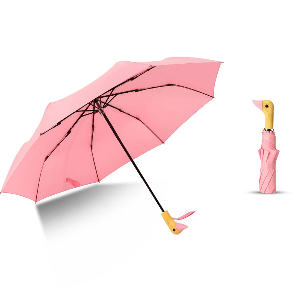 Paraguas Plegable Con Un Bonito Mango De Madera En Forma De Pato (rosa) Y Protección Uv Automática.
