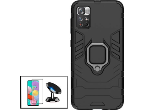 Kit Protector de Cristal Templado 5D Full Cover, Funda 3X1 Military Defender y Soporte Magnético de Coche Xiaomi Redmi Note 11 PHONECARE Negro