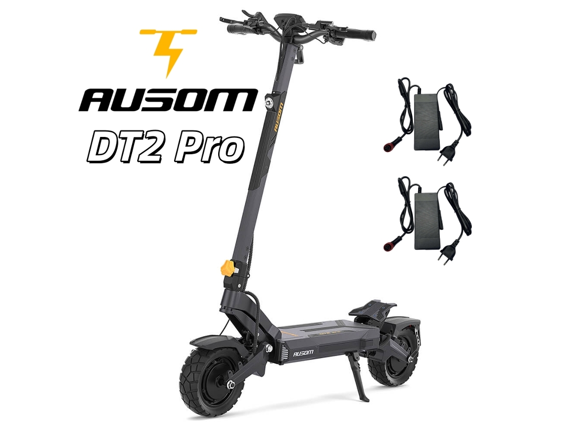 Potente patinete eléctrico Ausom DT2 Pro con 2 motores de 1100 W, batería de 52 V y 23,4 Ah, velocidad de 68 km/h, autonomía de 115 km, frenos hidráulicos, doble suspensión y 2 cargadores.