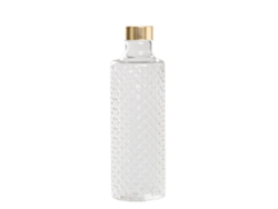 Botella De Vidrio Borosilicato Soplado Isolano Con Decoración Efecto Diamante Y Tapones Transparentes Intercambiables En Oro Y Plata. Hecha A Mano.