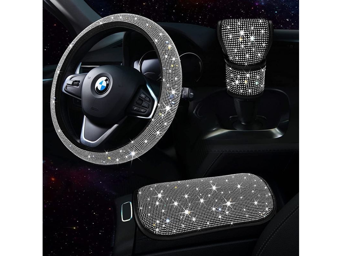 Conjunto De Accesorios Para Coche Red Bling Para Mujer Funda Volante Diamante 15 Pulgadas Consola Y Palanca Cambios
