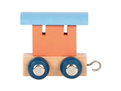 Vagón de tren de madera Small Foot con letras, en rosa salmón, azul polar y azul.