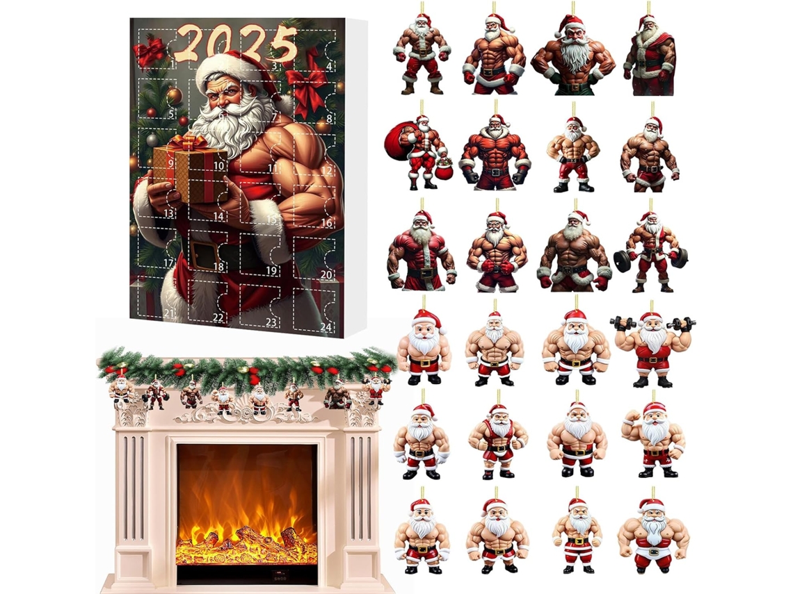 Calendário De Contagem Regressiva Para O Natal| Pingente De Papai Noel Musculoso Em Acrílico 2d 2025- Lindo