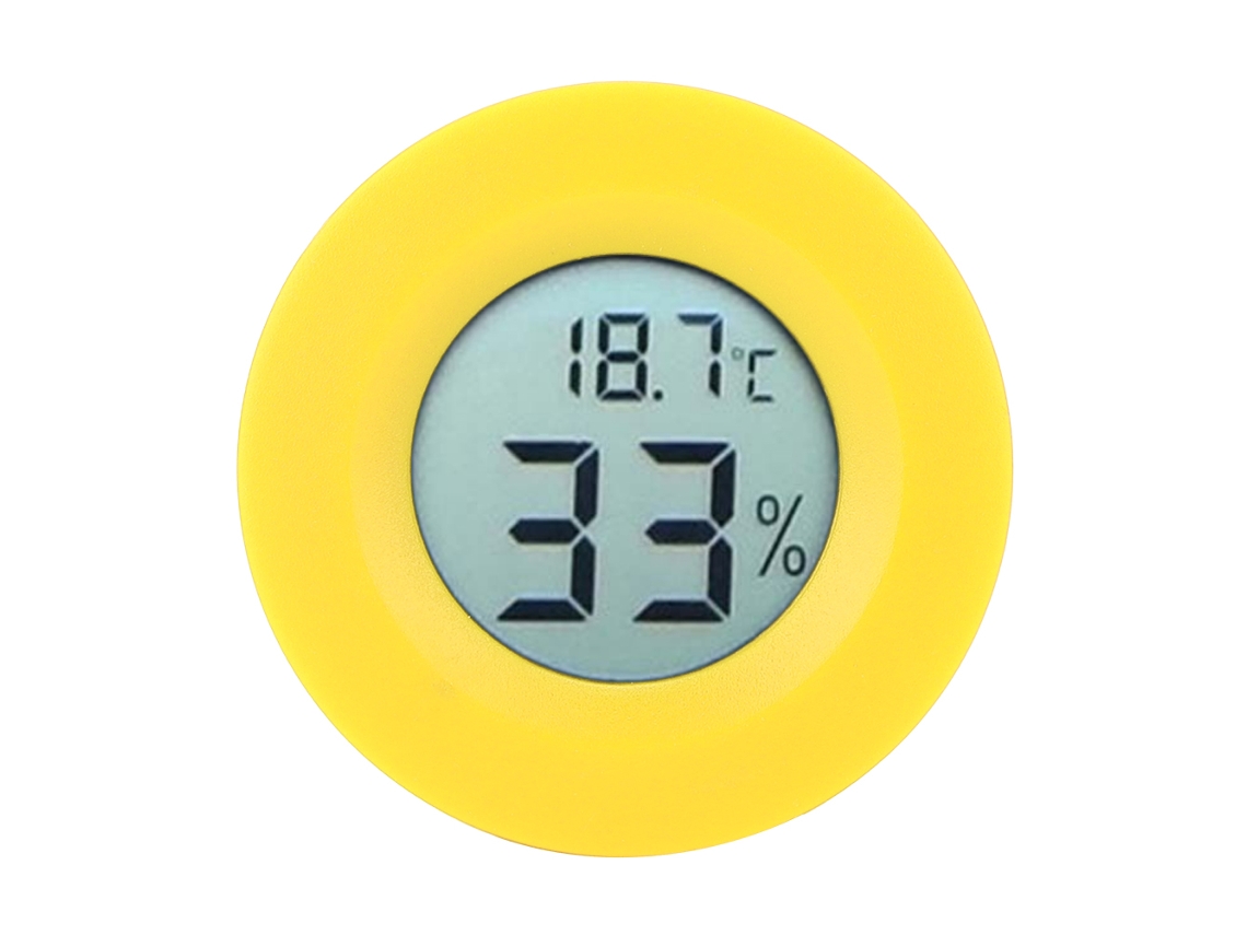 Termómetro Digital Lcd Circular Mini Con Pantalla Amarilla Integrada Para La Medición De Temperatura Y Humedad En Interiores.