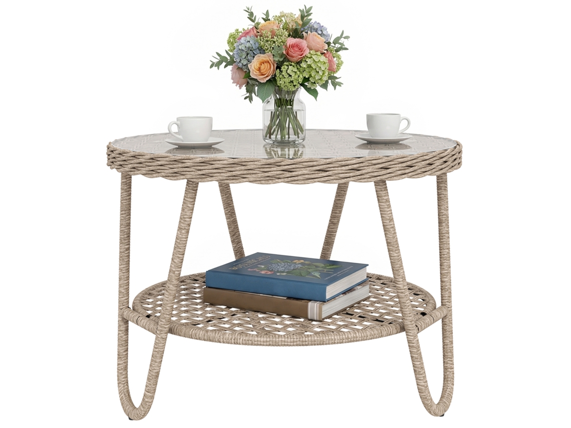 Mesa de jardín de ratán para exteriores, mesa auxiliar de jardín con estante, tablero de vidrio templado, 65x65x50 cm, amarilla