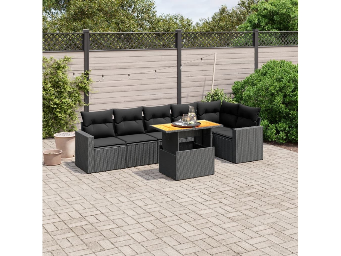 Conjunto de sofá de jardín de 7 piezas con cojines, ratán negro, Dkd Home Decor