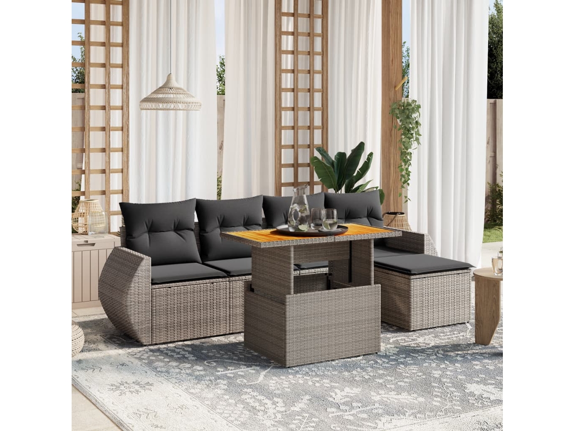 Conjunto de sofá de jardín de 6 piezas con cojines de mimbre gris, Dkd Home Decor
