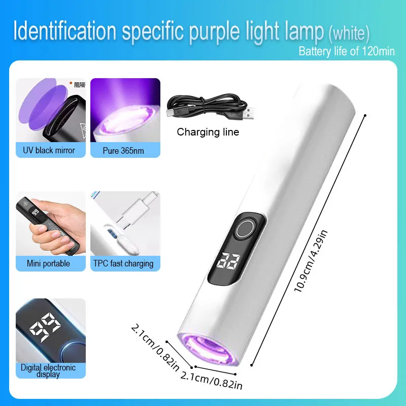 365 nm - Luz violeta - Luz ultravioleta - Detección de agentes fluorescentes - Carga USB - Linterna - Verificación de billetes