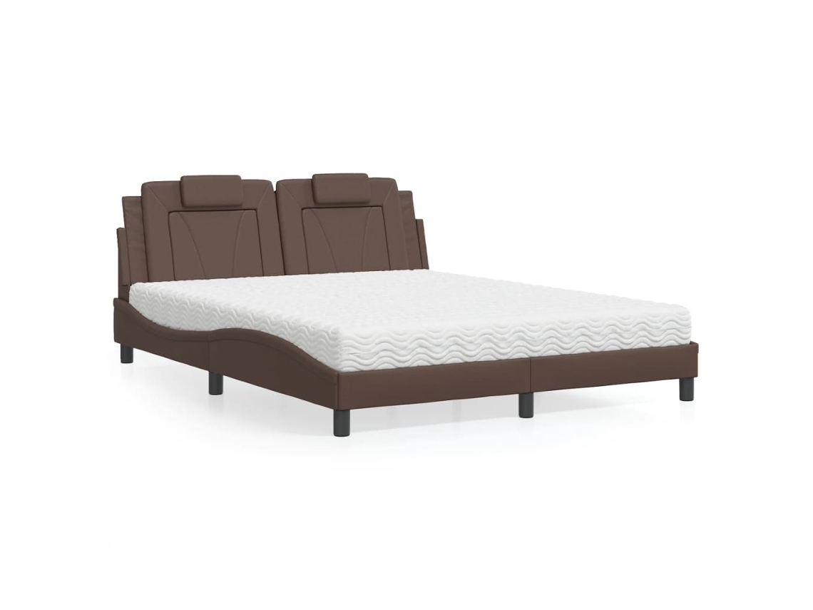 Cama Con Colchón Cuero Sintético Marrón 160x200 Cm