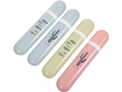 Juego de 4 portacepillos de plástico con tapa, diseño redondo y colores surtidos, ideales para la higiene bucal.