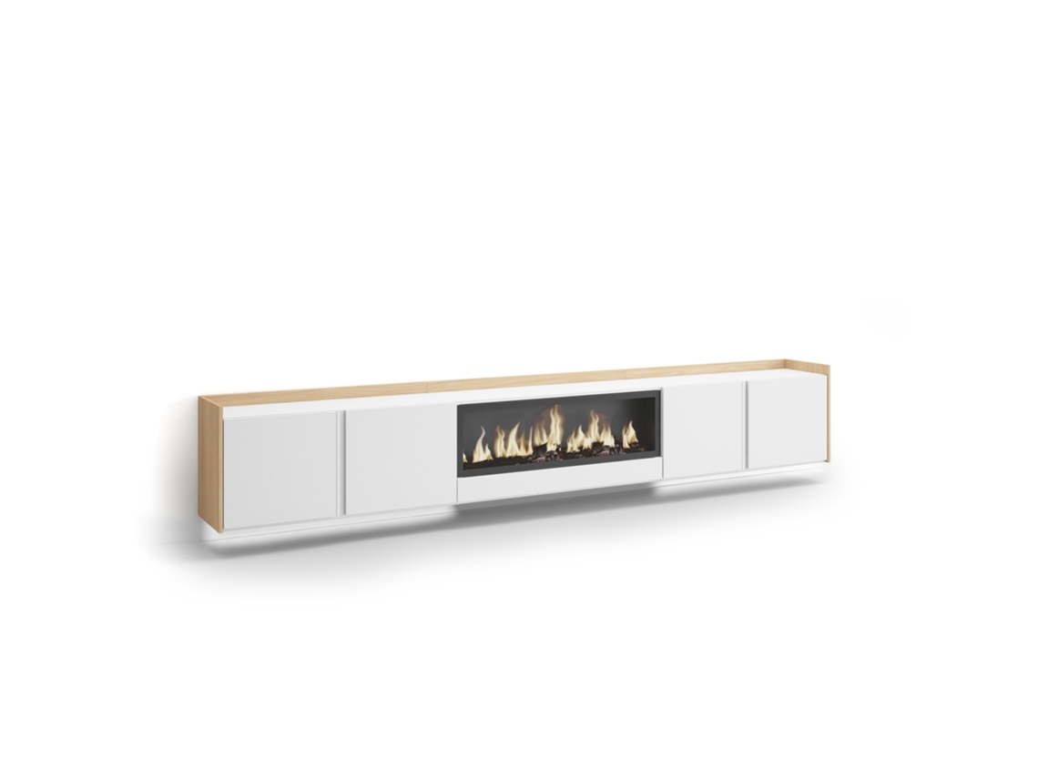 Mueble Tv, Televisión, 315x35x50cm, Para Tv Hasta 80", Chimenea Eléctrica Xxl, Colgado, Suspendido, Led, Blanco Y Roble Soft