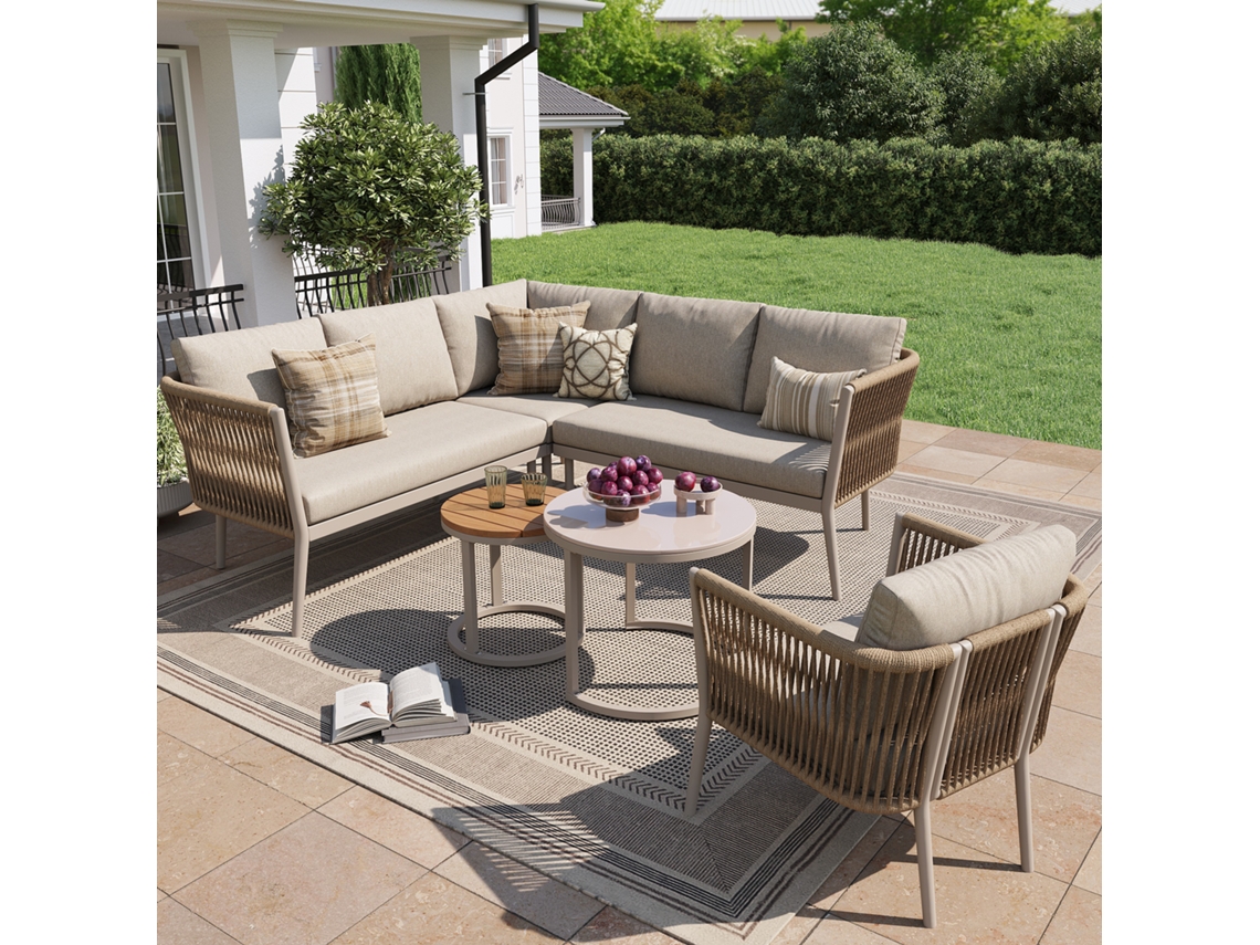 Conjunto De Jardín Para 5-6 Personas, Sofá Modular Exterior De Cuerda Con Cojines, Juego De 6 Piezas Para Terraza Y Balcón