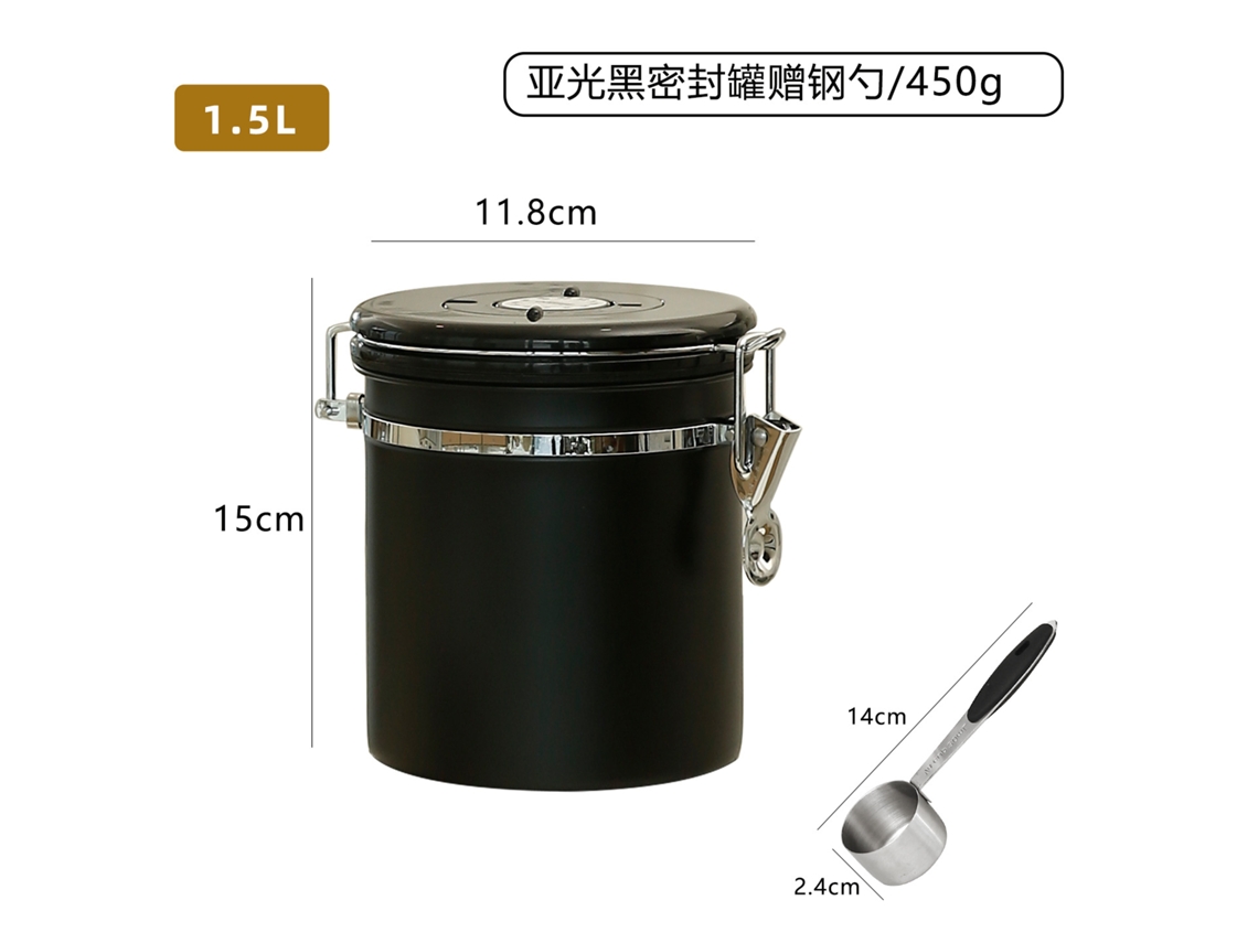 Tarro de acero inoxidable 304 para almacenar granos de café con tapa hermética y cuchara. Negro, 1,2 L, marca YUNZII.
